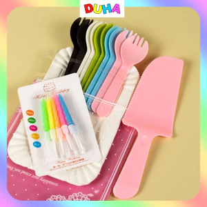 BỘ DAO DĨA dùng 1 lần trang trí bánh kem – Bộ dĩa nĩa giấy nhựa, phụ kiện sinh nhật 10 người DUHA 097