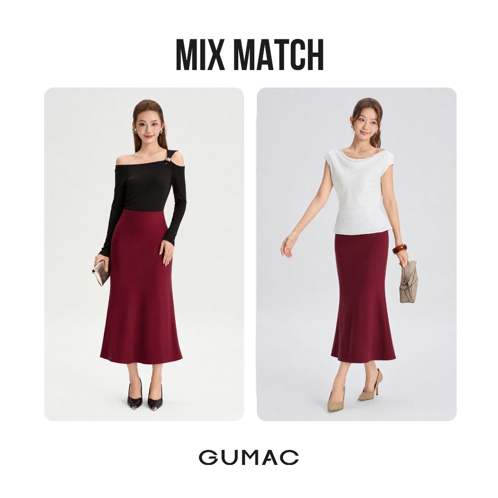 Chân Váy Lụa Đuôi Cá GUMAC Cơ Bản Chất Liệu Lụa Mango Gân Dày Dặn Đứng Form Tôn Dáng LVG0415