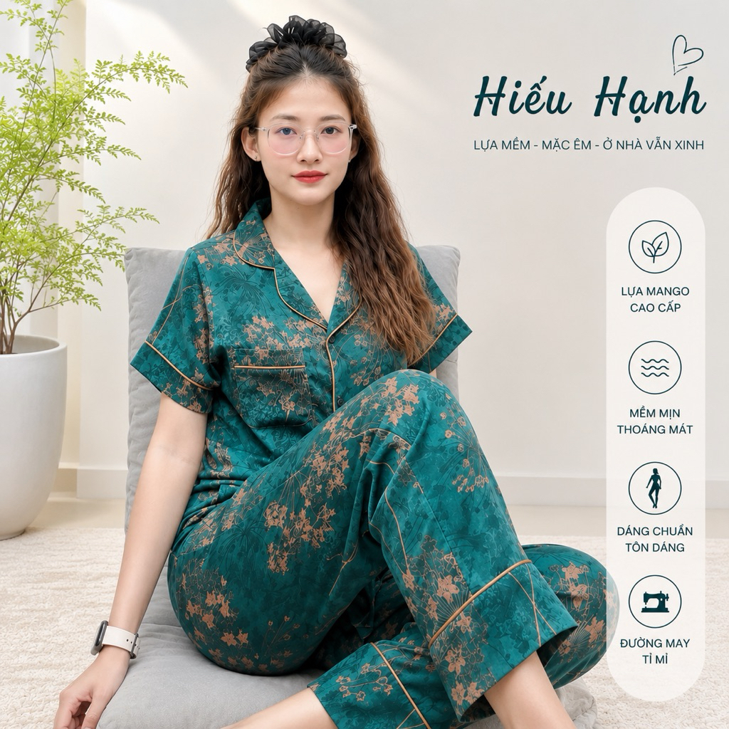 Set bộ pyjama lụa Mango tay ngắn quần dài viền lé sang trọng fom từ 45 đến 78kg