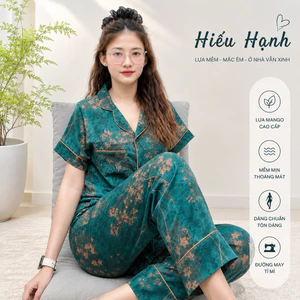 Set bộ pyjama lụa Mango tay ngắn quần dài viền lé sang trọng fom từ 45 đến 78kg