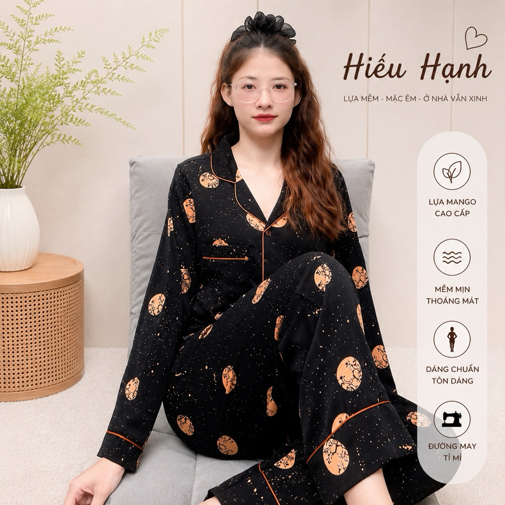 [Tay Dài] Mango Đồ Bộ Pyjama Viền Lé Tay Dài Quần Dài Lụa Cao Cấp Size 45-69kg