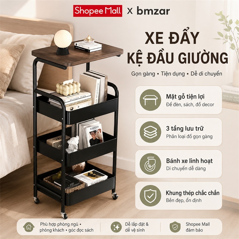 BMZAR Xe Đẩy Spa 100% thép Đa năng Xe để đồ Kệ Đựng Đồ Có Bánh Xe Thích hợp cho phòng ngủ phòng khách nhà bếp