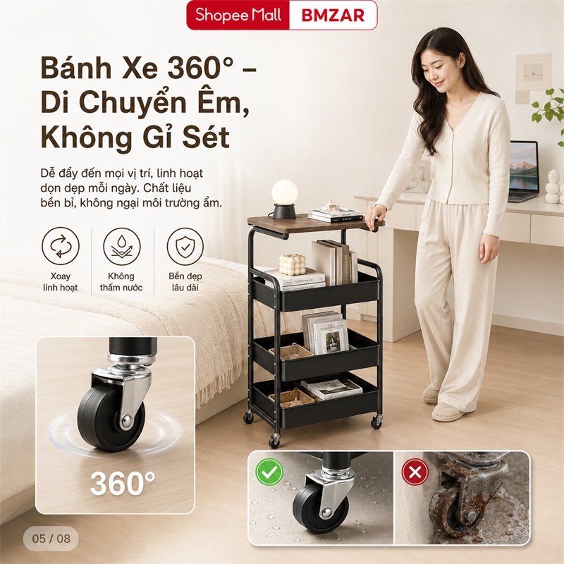 BMZAR Xe Đẩy Spa 100% thép Đa năng Xe để đồ Kệ Đựng Đồ Có Bánh Xe Thích hợp cho phòng ngủ phòng khách nhà bếp