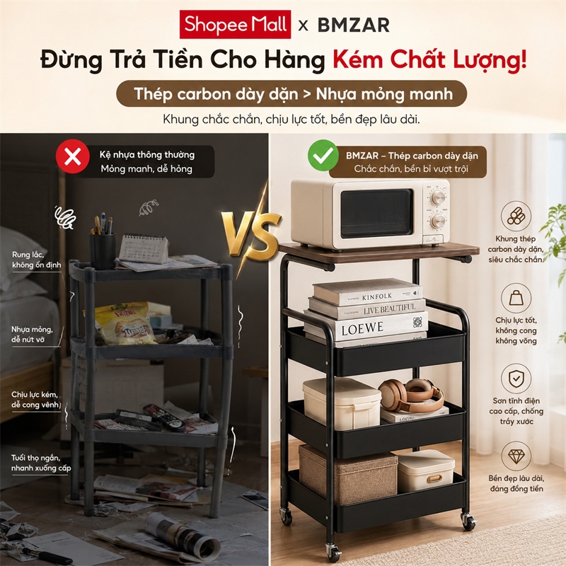 BMZAR Xe Đẩy Spa 100% thép Đa năng Xe để đồ Kệ Đựng Đồ Có Bánh Xe Thích hợp cho phòng ngủ phòng khách nhà bếp