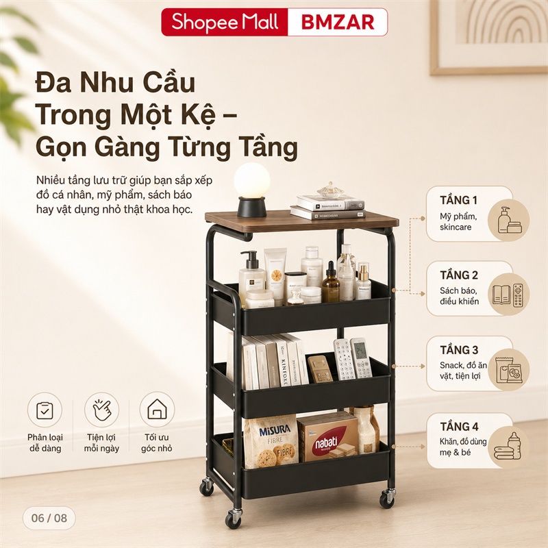 BMZAR Xe Đẩy Spa 100% thép Đa năng Xe để đồ Kệ Đựng Đồ Có Bánh Xe Thích hợp cho phòng ngủ phòng khách nhà bếp