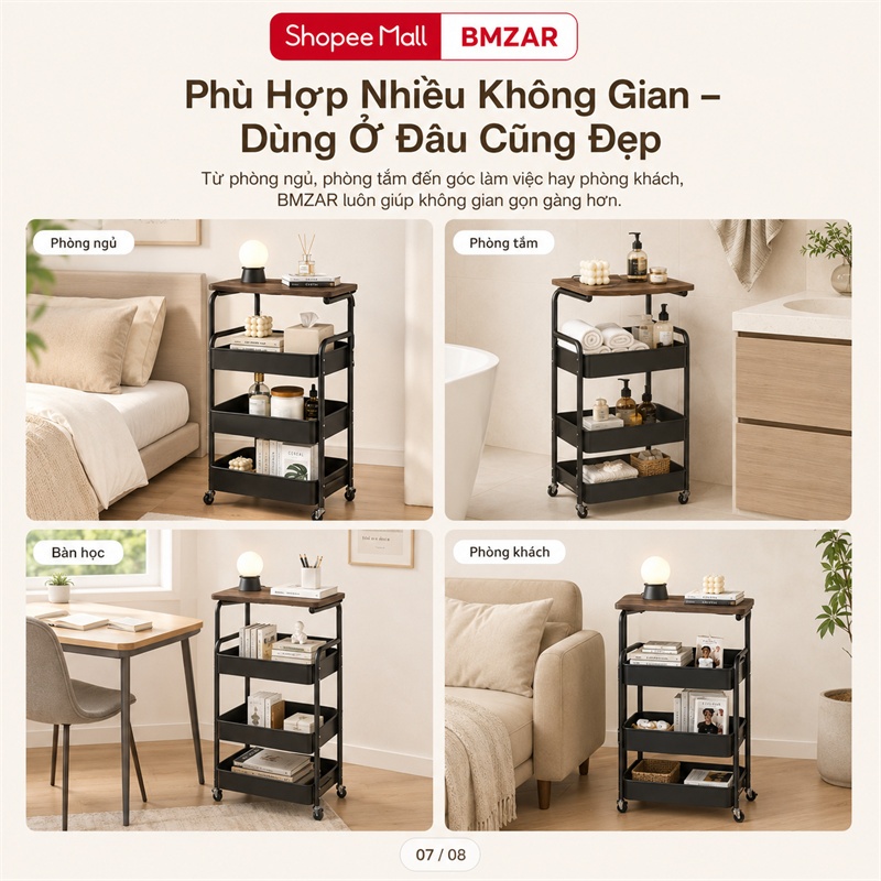 BMZAR Xe Đẩy Spa 100% thép Đa năng Xe để đồ Kệ Đựng Đồ Có Bánh Xe Thích hợp cho phòng ngủ phòng khách nhà bếp