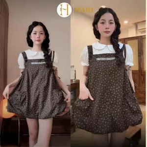 Set Yếm Bí Váy Phồng Chất Kaki Mềm Họa Tiết Hoa nhí Vintage Floral Bubble Drees Nữ , Phối Áo cổ Sen Xinh Xắn 2060 Hari