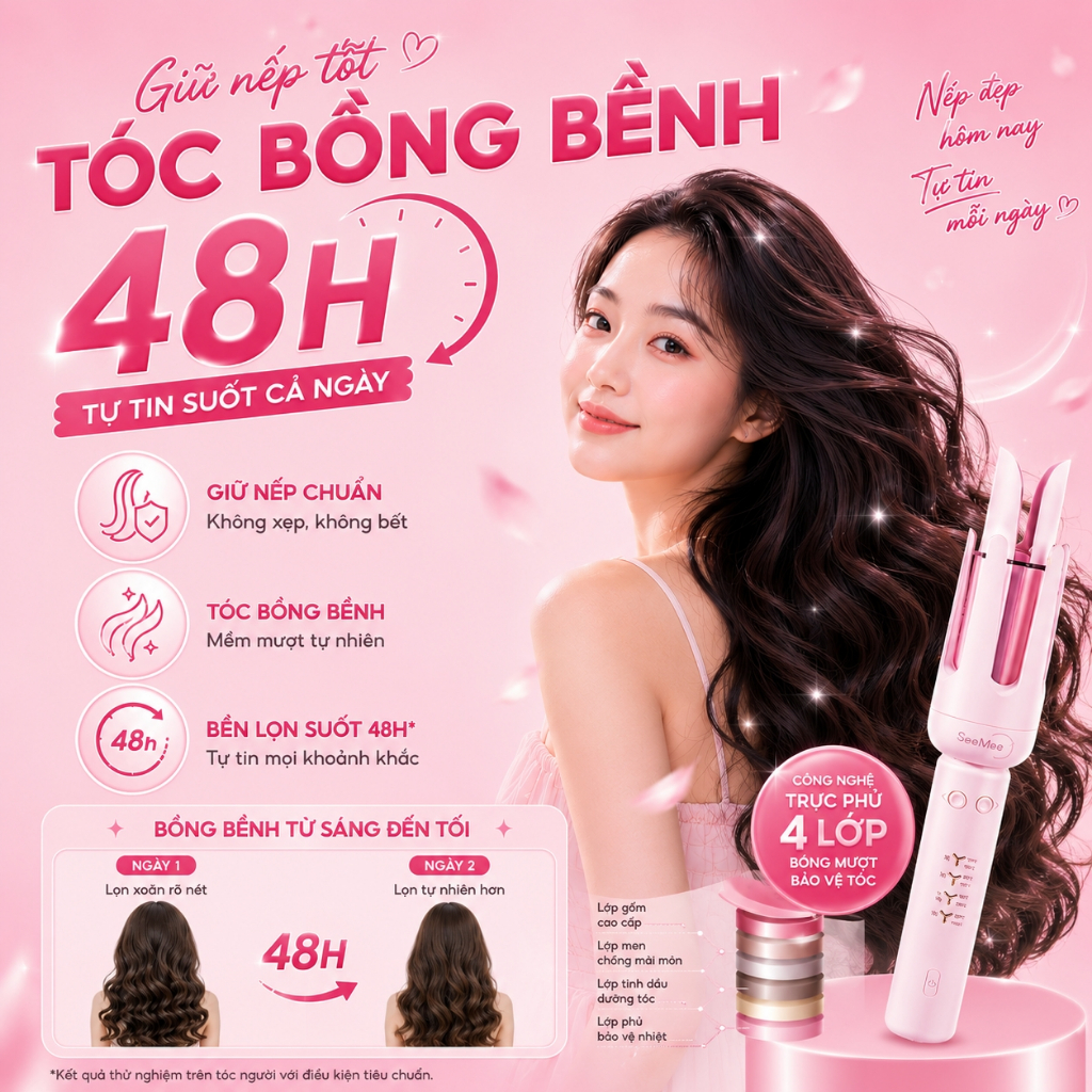 [GIÁ 271K TẠI LIVE SHOP] Máy Uốn Tóc Tự Động Seemee trục đa năng 28mm 32mm chất liệu gốm sứ bảo vệ tóc bản 2025, LIS
