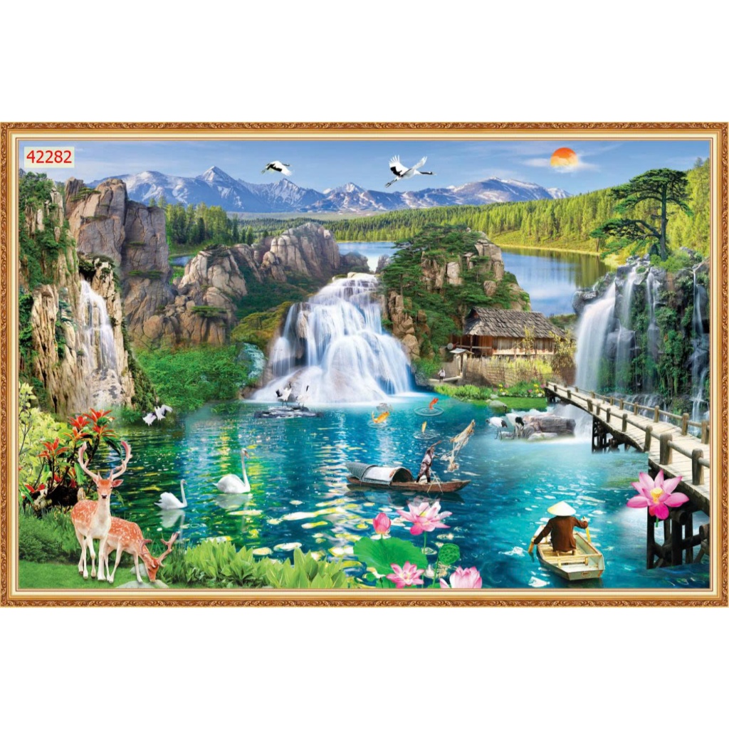 Tranh sơn thủy hữu tình tranh dán tường 3d tranh lụa