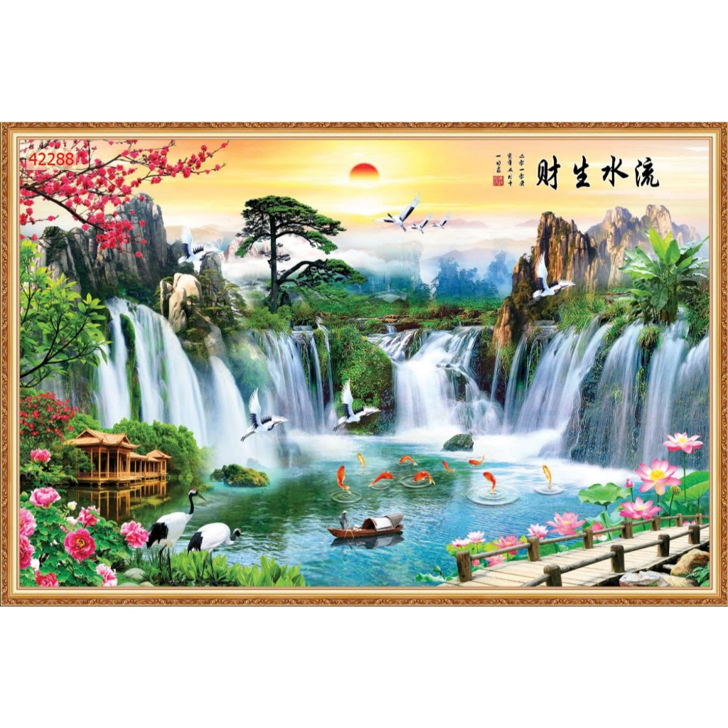 Tranh sơn thủy hữu tình tranh dán tường 3d tranh lụa