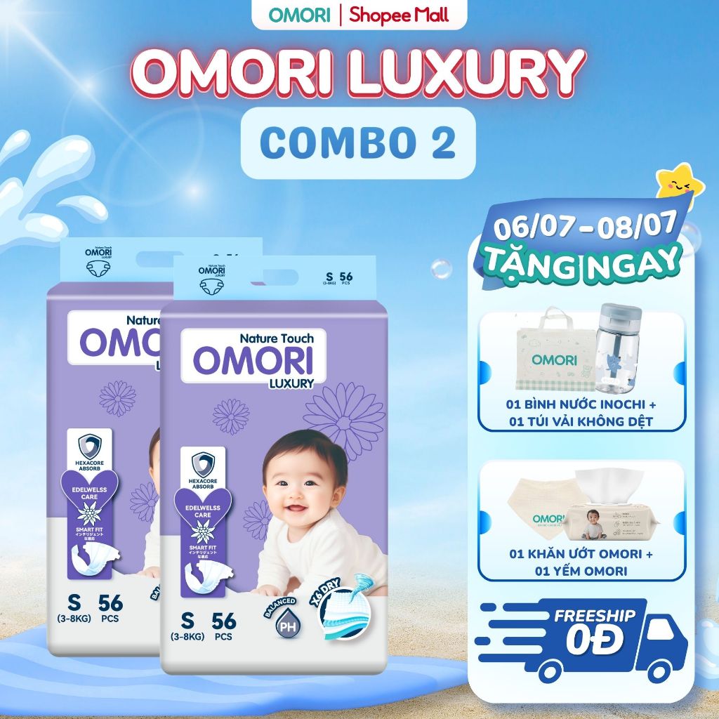 Combo 2 Bịch Tã/ Bỉm Dán OMORI LUXURY Mỏng Nhẹ Thấm Hút size NB62/S56/M52 Cho Bé Từ 3 - 11kg