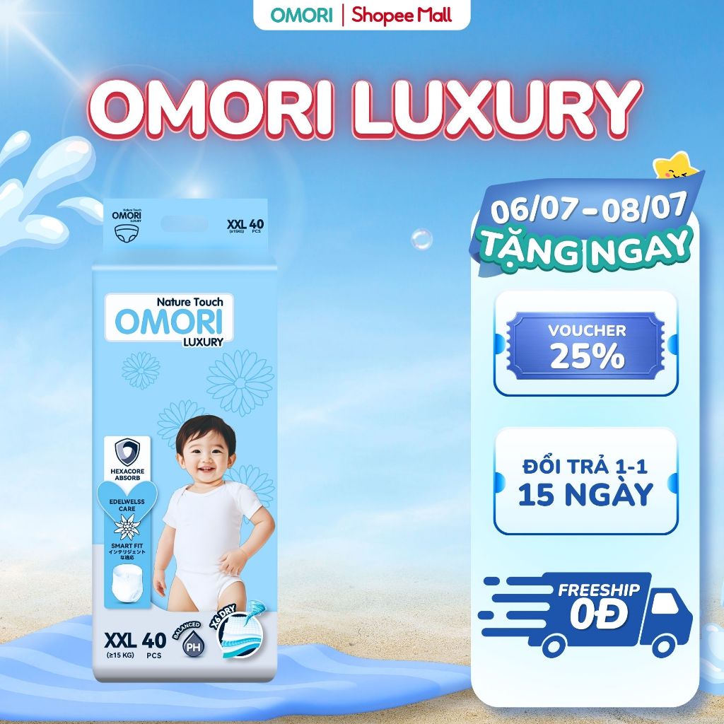 Tã/ Bỉm Quần OMORI LUXURY Siêu Mềm Mại Khô Thoáng Tinh chất hoa Nhung Tuyết M50/L46/XL42/XXL40/XXXL38 Cho Bé Từ 6 - 20kg