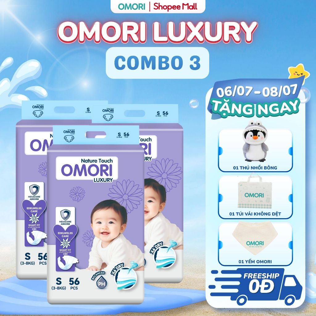 Combo 3 Bịch Tã/ Bỉm Dán OMORI LUXURY Mỏng Nhẹ Thấm Hút size NB62/S56/M52 Cho Bé Từ 3 - 11kg
