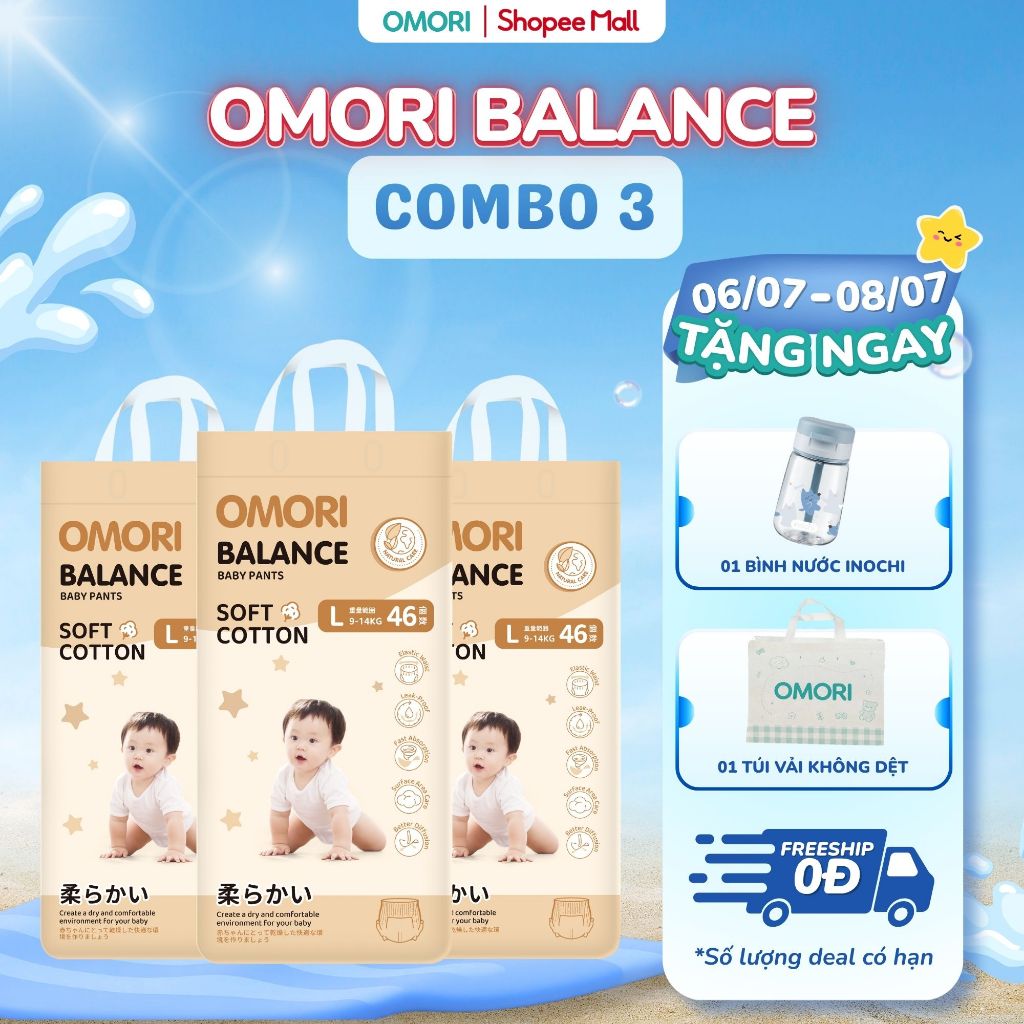 COMBO 3 Tã/ Bỉm Quần OMORI BALANCE, Thoáng Khí M50/L46/XL42/XXL40/XXXL38 Cho Bé Từ 6 - 20kg