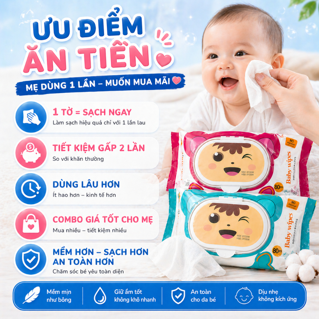 KHĂN GIẤY ƯỚT Baby Wipes SIÊU XỊN, CHẤT LƯỢNG DÀY BẢN TO An Toàn Cho Bé 650gram
