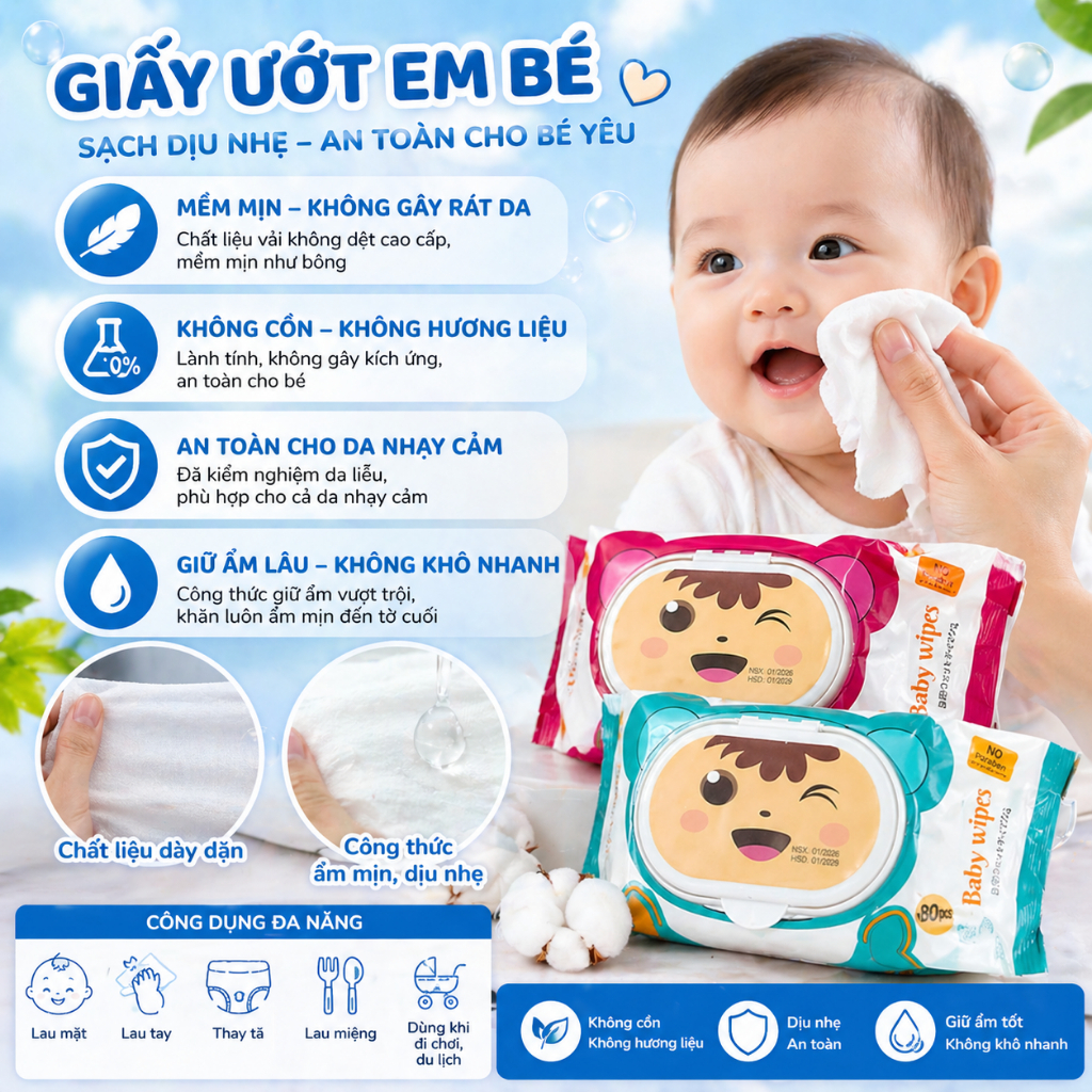 KHĂN GIẤY ƯỚT Baby Wipes SIÊU XỊN, CHẤT LƯỢNG DÀY BẢN TO An Toàn Cho Bé 650gram