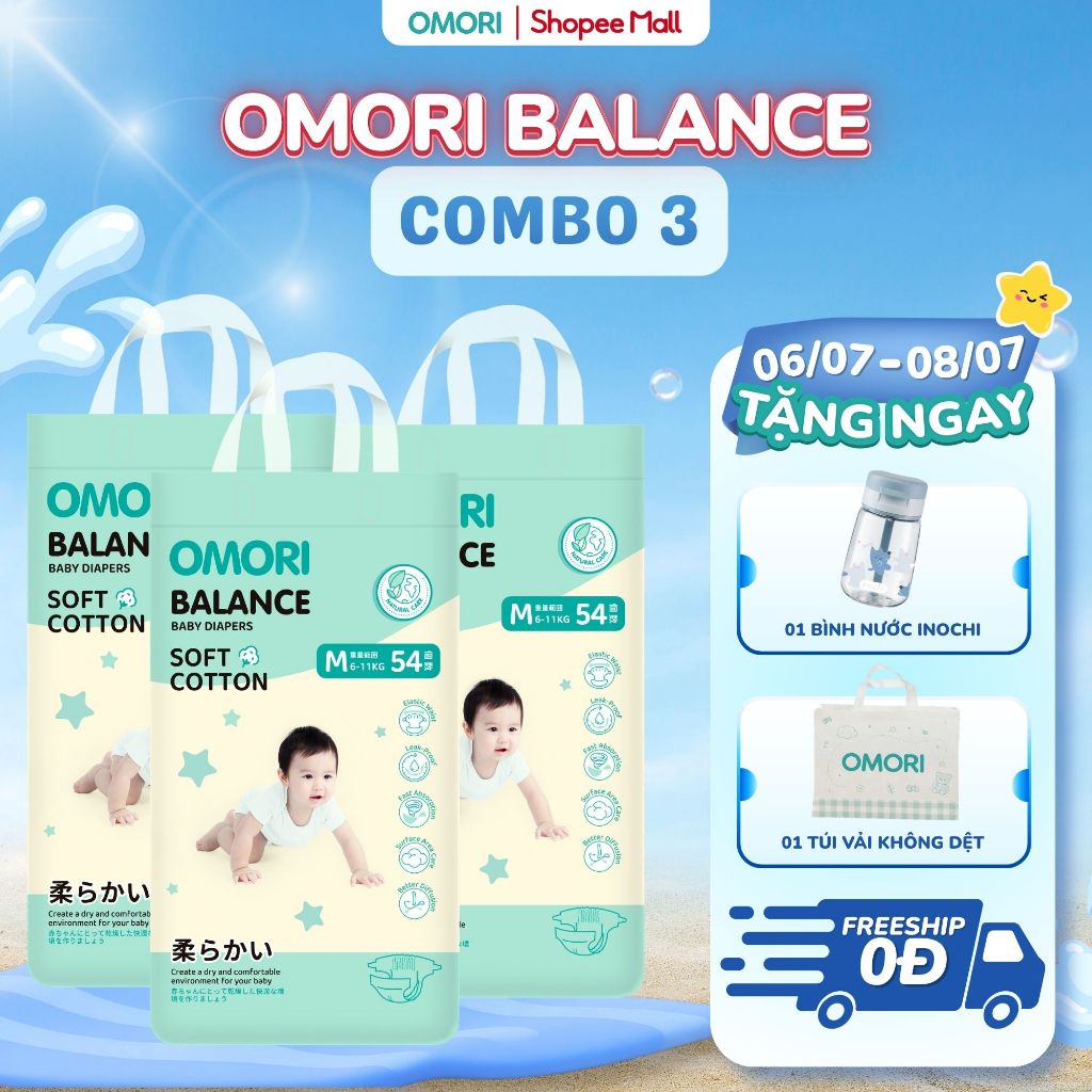 Combo 3 Bịch Tã/ Bỉm Dán OMORI BALANCE Mỏng Nhẹ Thấm Hút size NB62/S56/M52 Cho Bé Từ 3 - 11kg