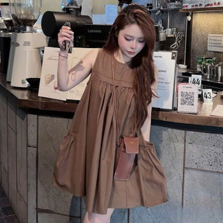 Váy babydoll chất thô suông rộng có túi hai bên phong cách Hàn Quốc form dưới 60kg