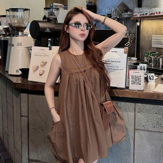 Váy babydoll chất thô suông rộng có túi hai bên phong cách Hàn Quốc form dưới 60kg