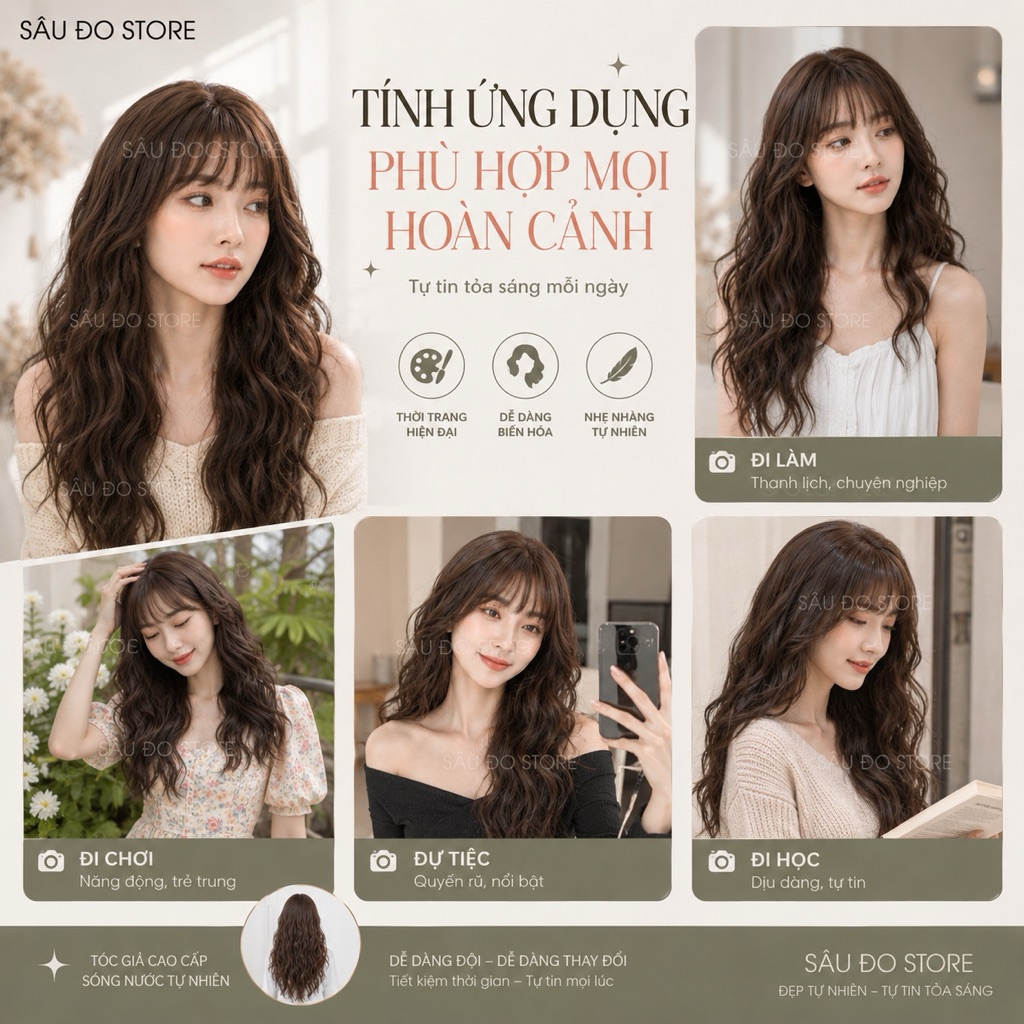 [ẢNH THẬT] TÓC GIẢ LƯỚI HOA BỘ XOĂN SÓNG DÀI 55-60CM TẶNG LƯỚI TRÙM TÓC THẬT