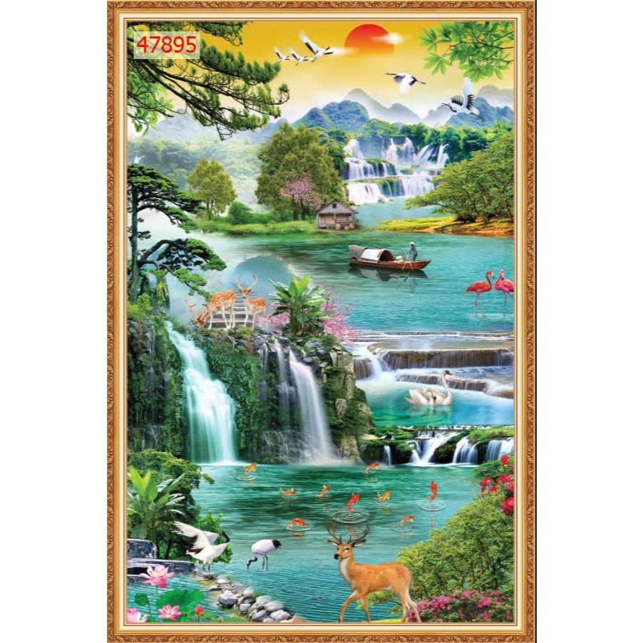 Mẫu tranh lụa dán tường 3D cao cấp phong cảnh sơn thủy hữu tình đẹp. KHỔ DỌC