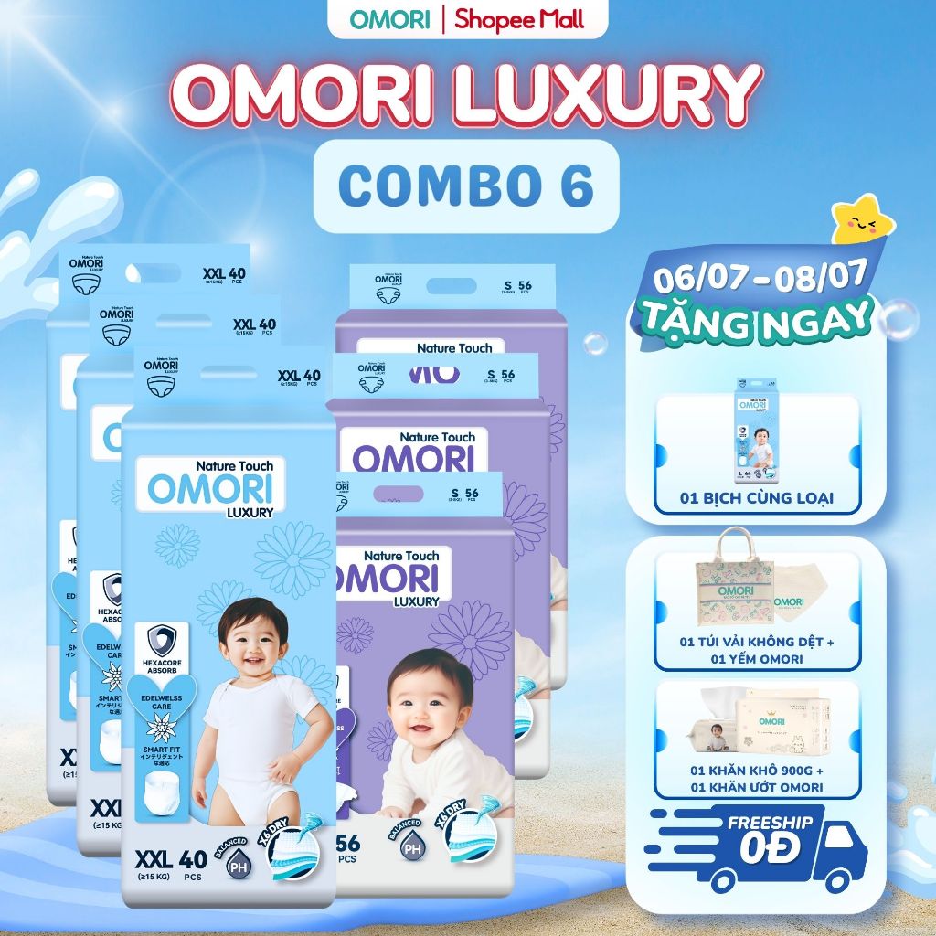 Combo 6 Bịch Tã/Bỉm Dán, Quần OMORI LUXURY Mỏng Nhẹ Thấm Hút size M50/L46/XL42/XXL40/XXXL3 Cho Bé Từ 6 - 20kg