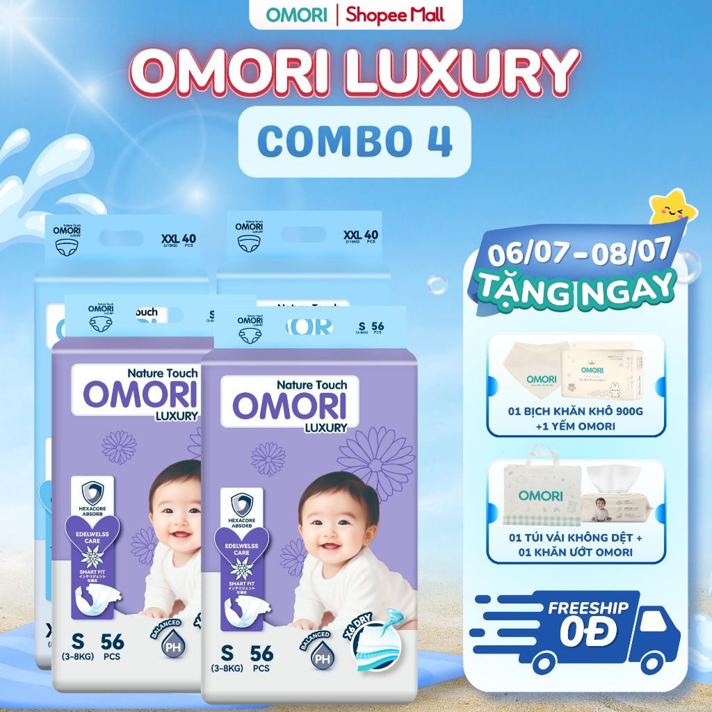 [Có Quà] Combo 4 Bịch Tã/Bỉm Dán, Quần Cao Cấp OMORI Luxury Mỏng Nhẹ Thấm Hút Cho Bé