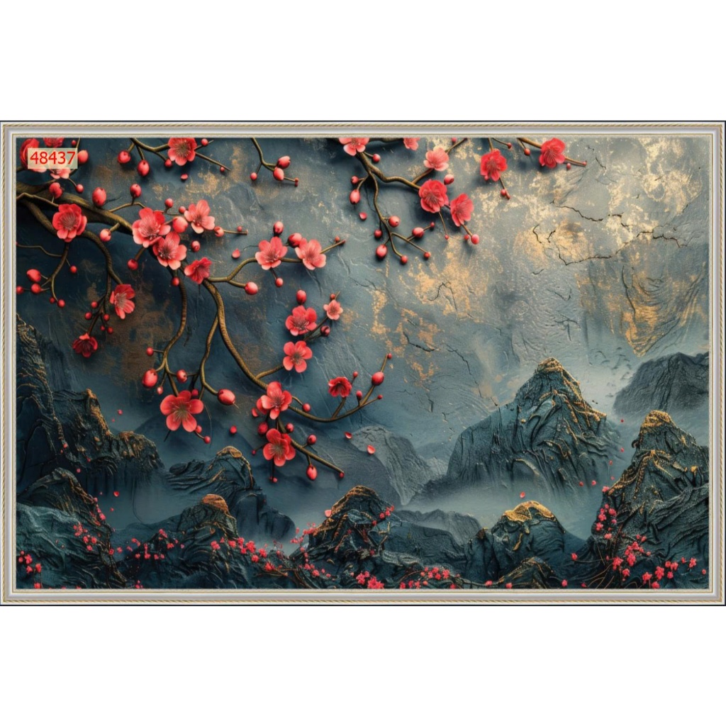 Tranh thủy mặc phong cảnh hoa đào đỏ, tranh lụa 3D dán tường