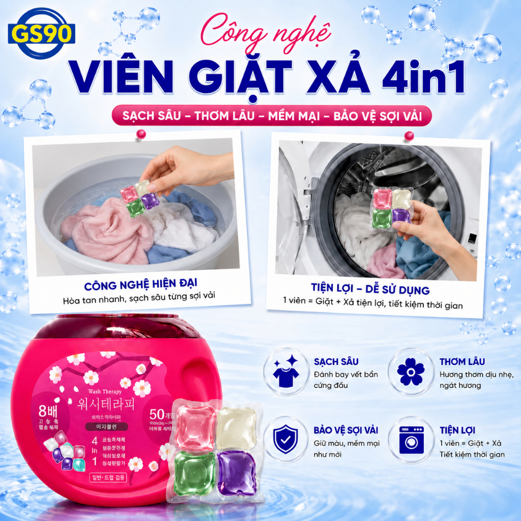 [MUA 2 TẶNG 1] Viên Giặt Xả Wash Therapy 4in1 50 Viên, Giặt Sạch Thơm Lâu, Bảo Vệ Sợi Vải, Đậm Đặc Tiện Lợi
