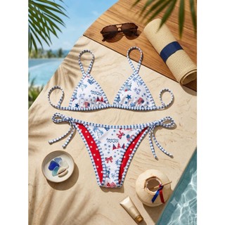 Set bơi 2 mảnh, bikini đi biển nữ dáng tam giác dây buộc họa tiết hoa nhí , không đệm ngực hàng VNXK