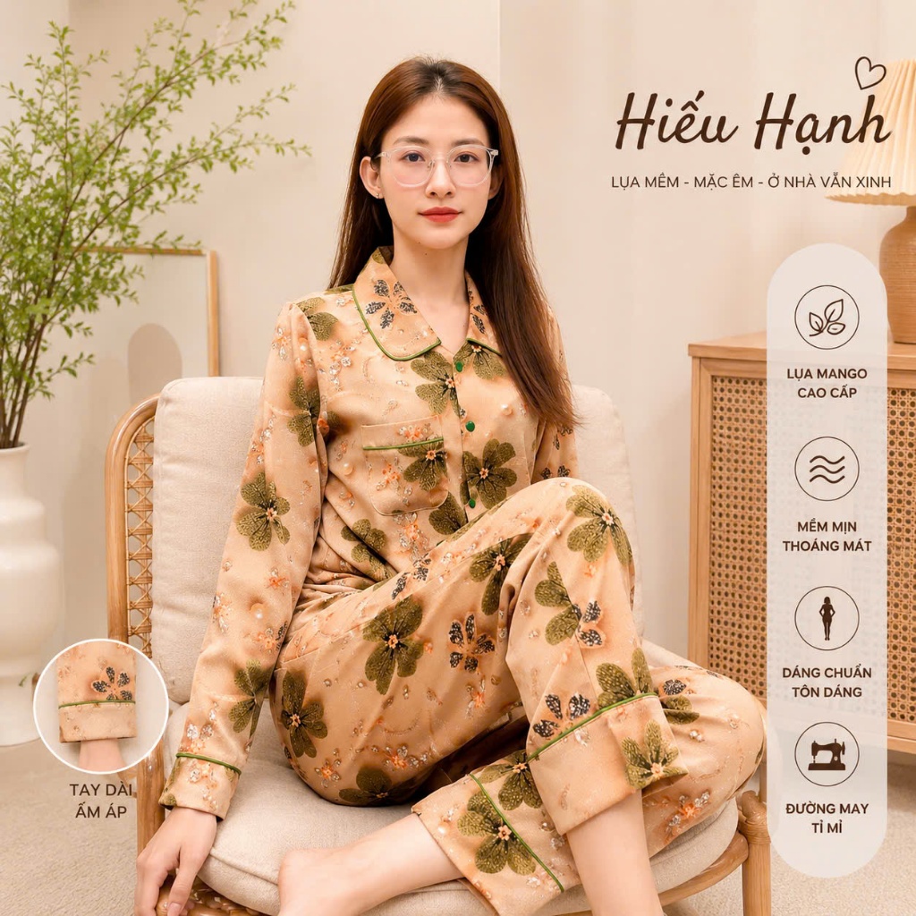 [Tay Dài] Đồ bộ cổ sen viền lé tay dài quần dài lụa mango cao cấp từ 45 đến 76kg