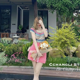 Áo len kẻ mongtoghi cổ vuông phối màu cực xinh AL16