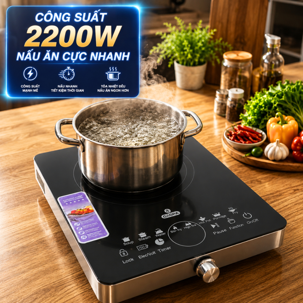 Bếp từ đơn GROPA G2015 chính hãng, bếp điện từ công suất lớn 2200W mặt kính chịu lực nấu cực nhanh