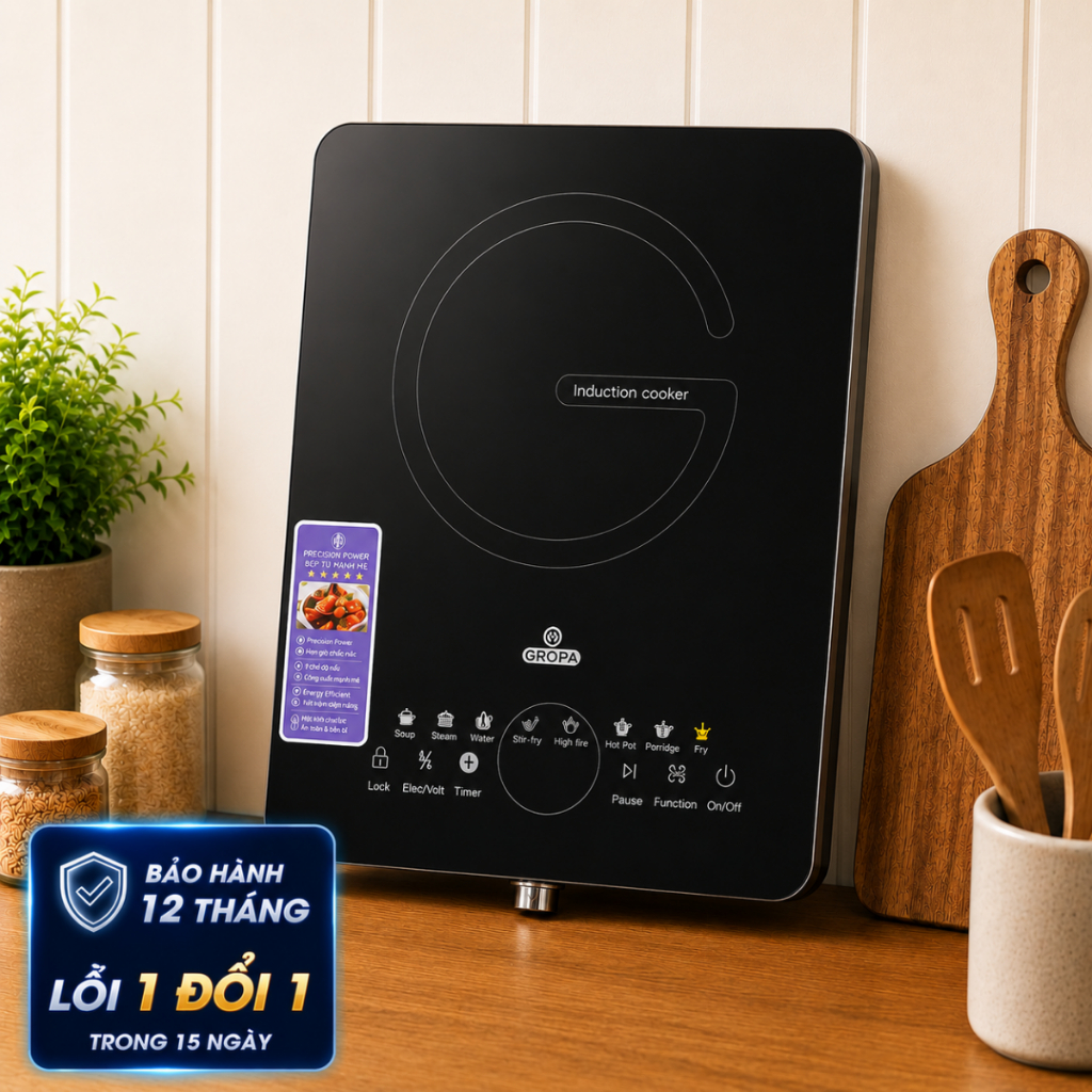 Bếp từ đơn GROPA G2015 chính hãng, bếp điện từ công suất lớn 2200W mặt kính chịu lực nấu cực nhanh