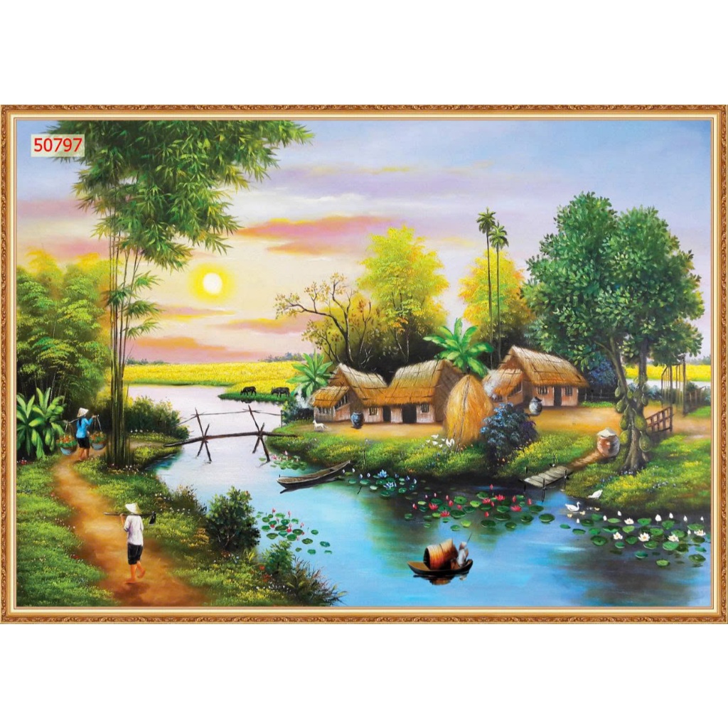 Tranh 3D Đồng Quê - Vải Lụa Kim Sa Cao Cấp....