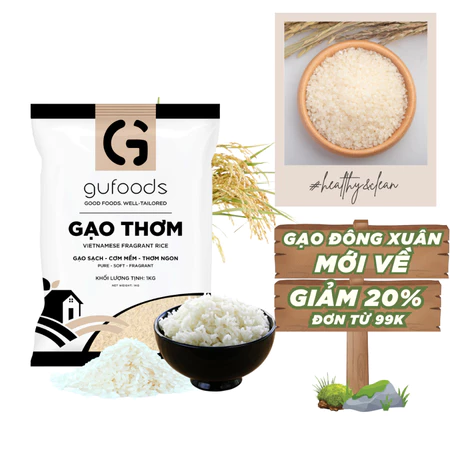 Gạo thơm / Gạo Japonica / Gạo xát dối GUfoods (1kg) - Gạo đông xuân mới về, Thơm tự nhiên, Cơm mềm, dẻo ngọt, ngon cơm