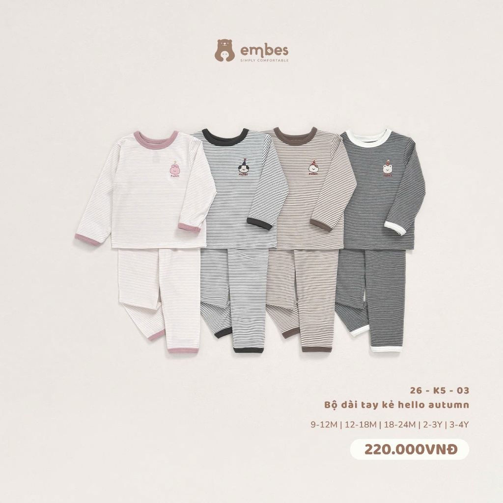 Đồ Bộ Cho Bé Embes, Bộ Dài Tay Thu Đông Kẻ Ngang Chất Lyocell Mềm Mịn Cho Bé Trai Bé Gái Từ 8-18kg