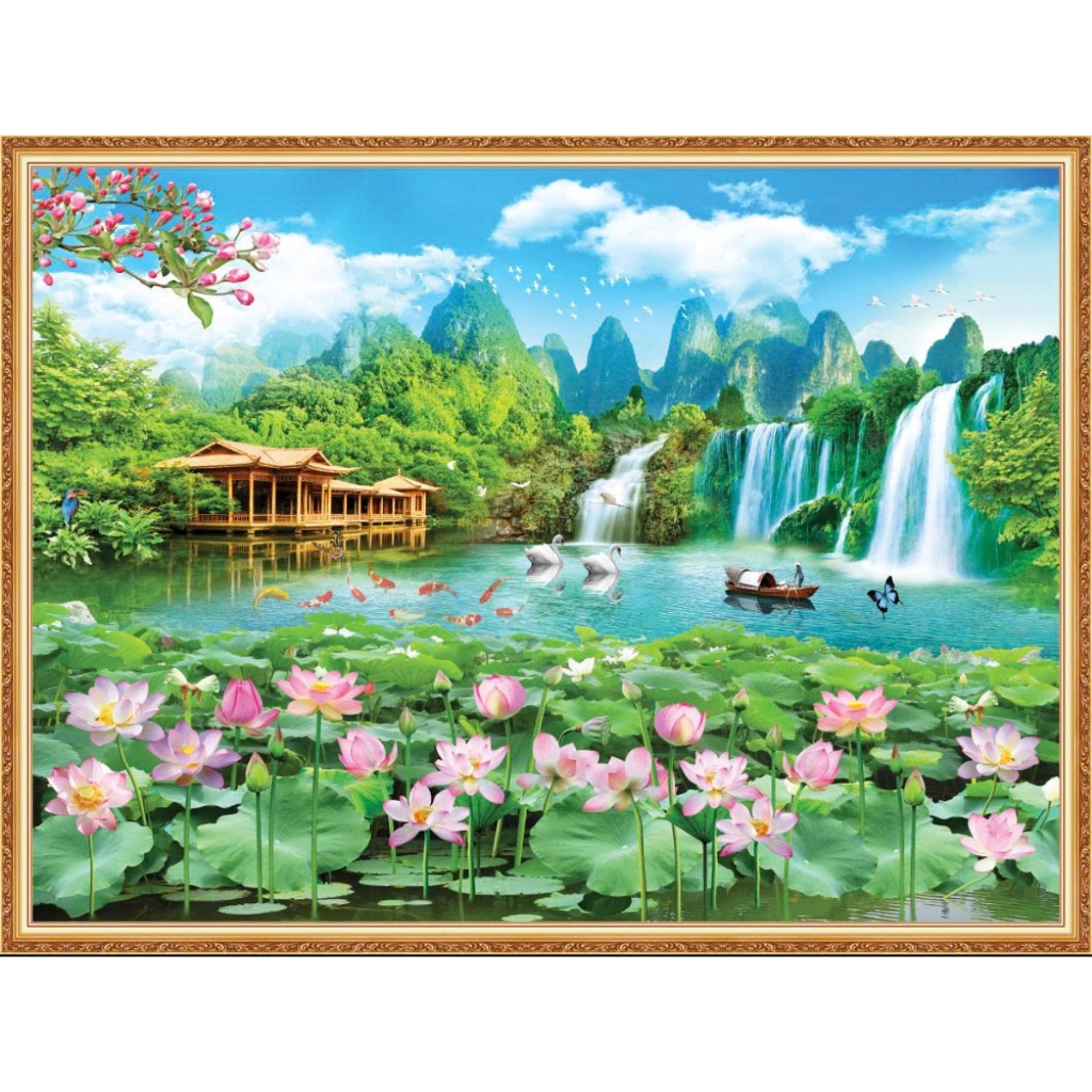Các mẫu tranh lụa dán tường cao cấp phong thủy cảnh đẹp hồ sen