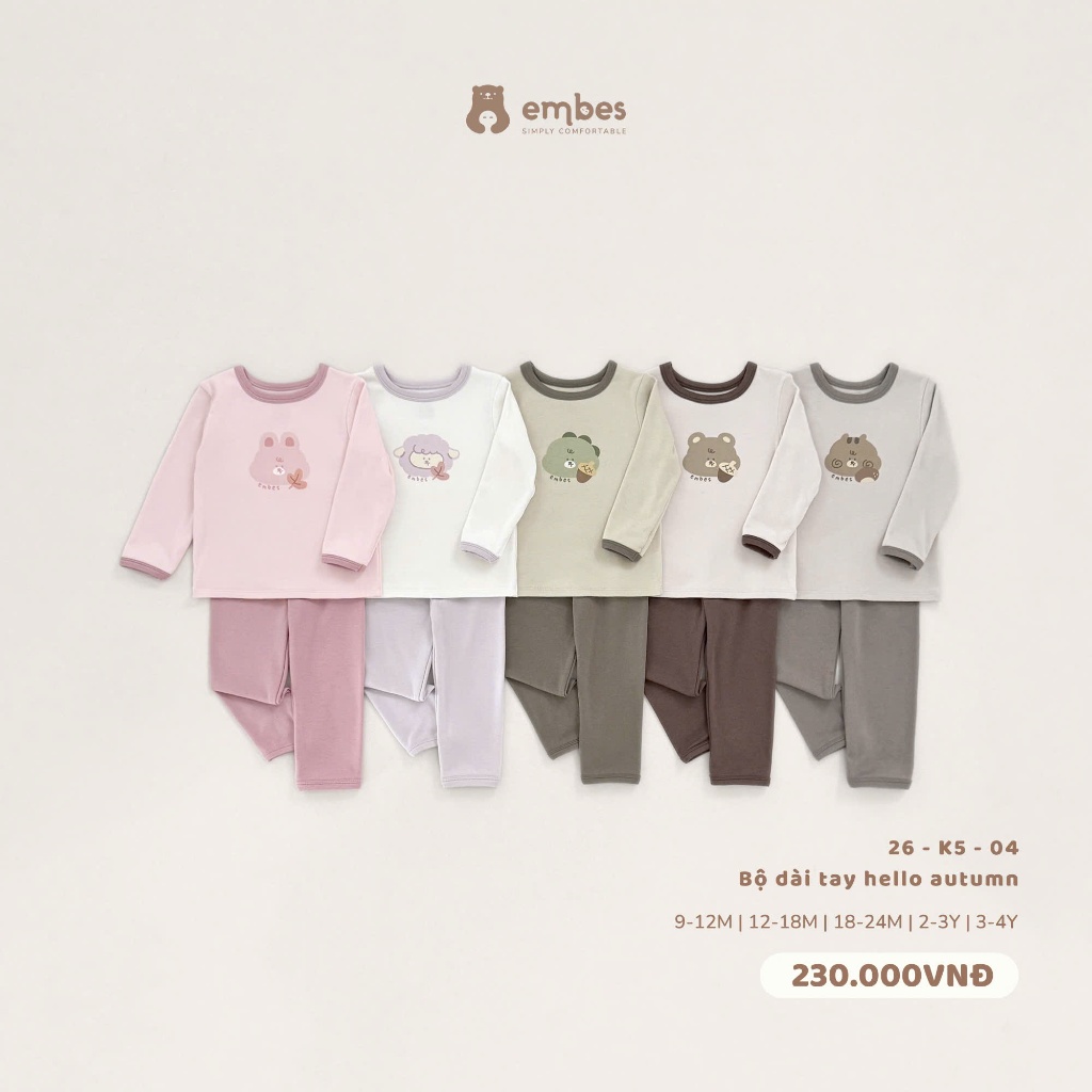Đồ Bộ Cho Bé Embes, Bộ Thu Đông Dài Tay In Họa Tiết Chất Viscose Mềm Mịn Cho Bé Trai Bé Gái Từ8-18kg