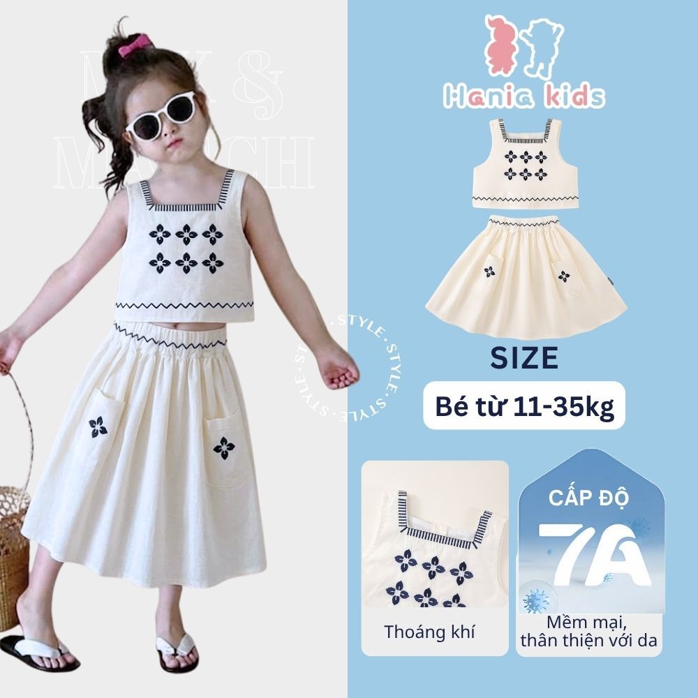 Set Đồ Bé Gái, Set Áo Kèm Chân Váy Họa Tiết Thêu Tinh Tế Chất Liệu Vải Thô Mềm