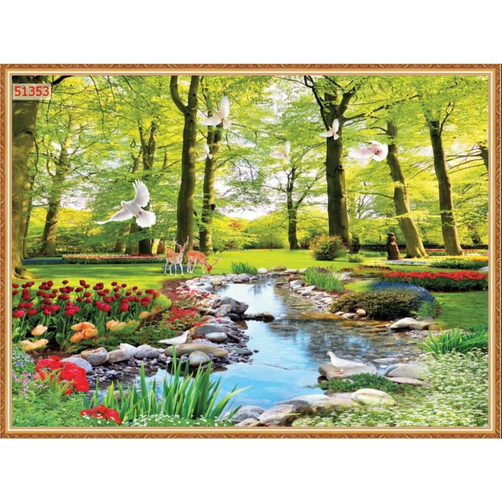 Tranh dán tường 3D lụa kim sa chủ đề phong cảnh thiên nhiên sắc màu