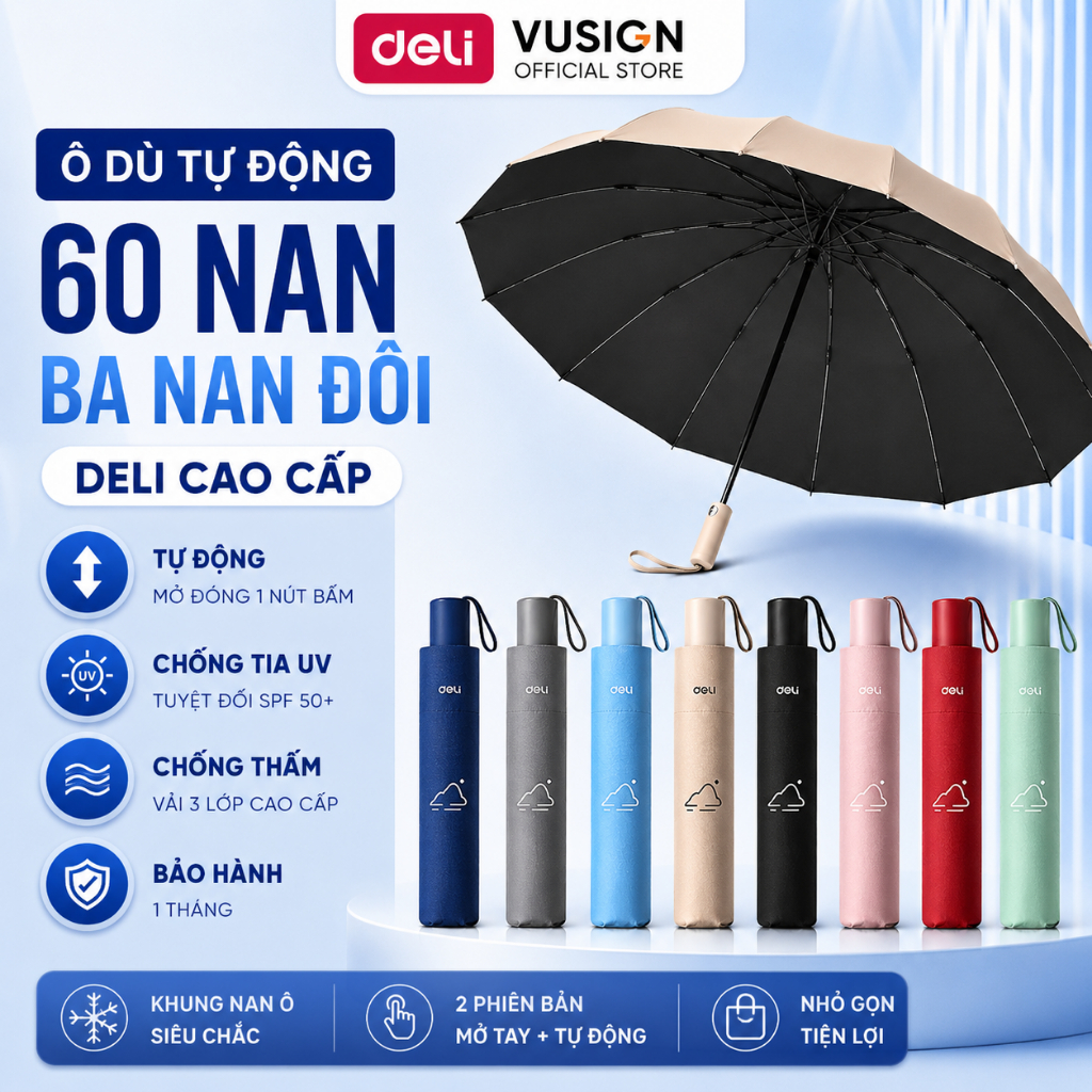 Ô Dù Che Mưa Nắng Tự Động DELI 12 Nan Đôi Xịn Size To Có Nút Đóng/Mở Thông Minh Gấp Gọn Chống UV