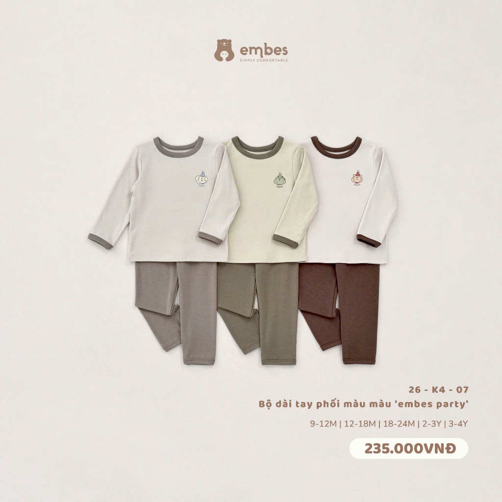 Đồ Bộ Cho Bé Trai Embes, Bộ Thu Đông Dài Tay Phối Màu Chất Cotton Mềm Mại Cho Bé Trai Size Từ 8-18kg