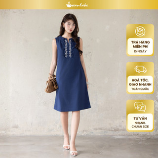 SWANLAKE | Váy Đầm Nữ Midi Suông Sát Nách Cổ Tròn Xẻ V Chất Linen Thêu Hoa Có Túi Dạo Phố D13813