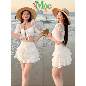 Set đi biển, Set thiết kế chất Ren áo croptop đính nơ tay ngắn có mút phối chân váy tầng có lót_QC