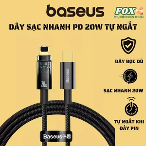 Dây Baseus tự ngắt sạc nhanh PD 20W bọc dù - Sạc đầy 50% pin trong 30 phút - chống rối