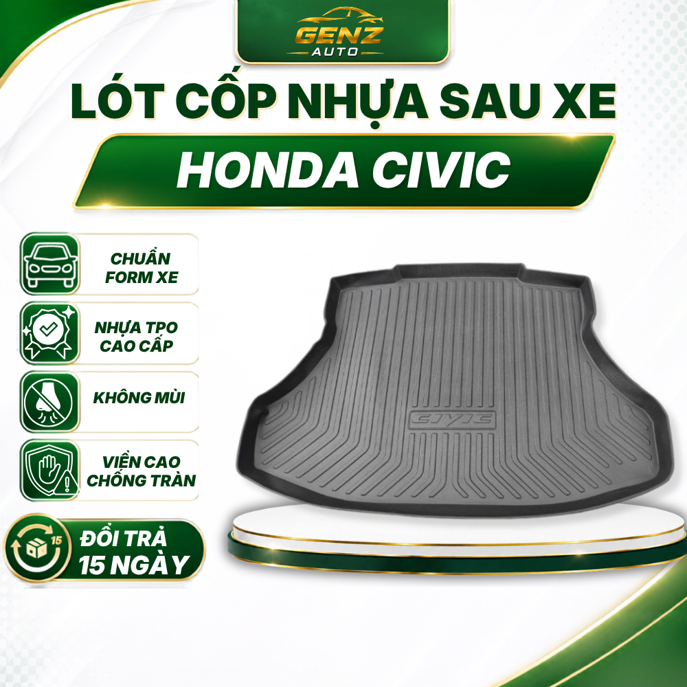 Lót cốp HONDA CIVIC 2007 - NAY - Nhựa dẻo TPO Không mùi, Chuẩn khít form xe, Chống thấm nước, dễ vệ sinh