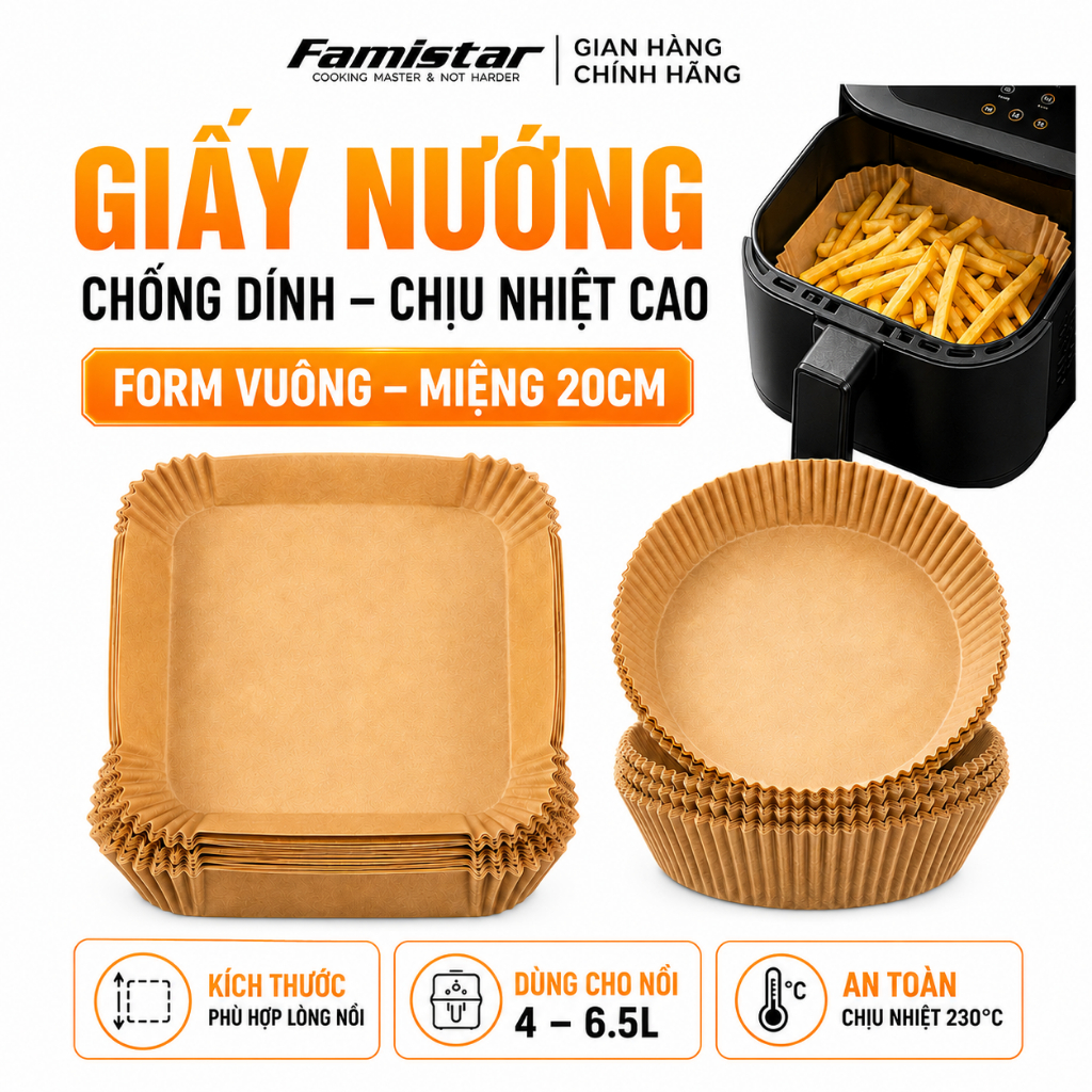 Combo 200 giấy lót nồi chiên ko dầu, giấy nến nồi chiên không dầu, giấy nến nướng bánh vuông GN100 Famistar