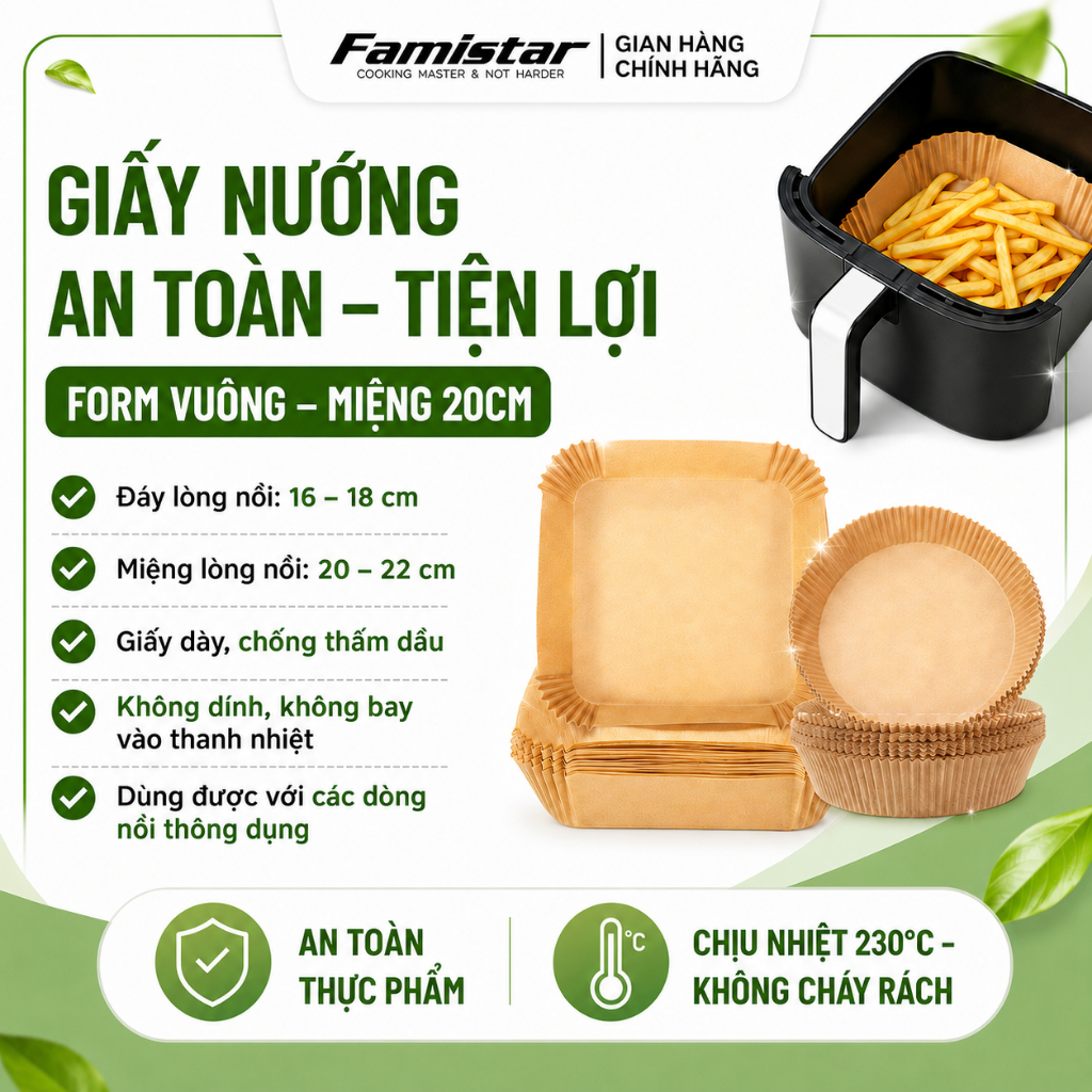 Combo 200 giấy lót nồi chiên ko dầu, giấy nến nồi chiên không dầu, giấy nến nướng bánh vuông GN100 Famistar