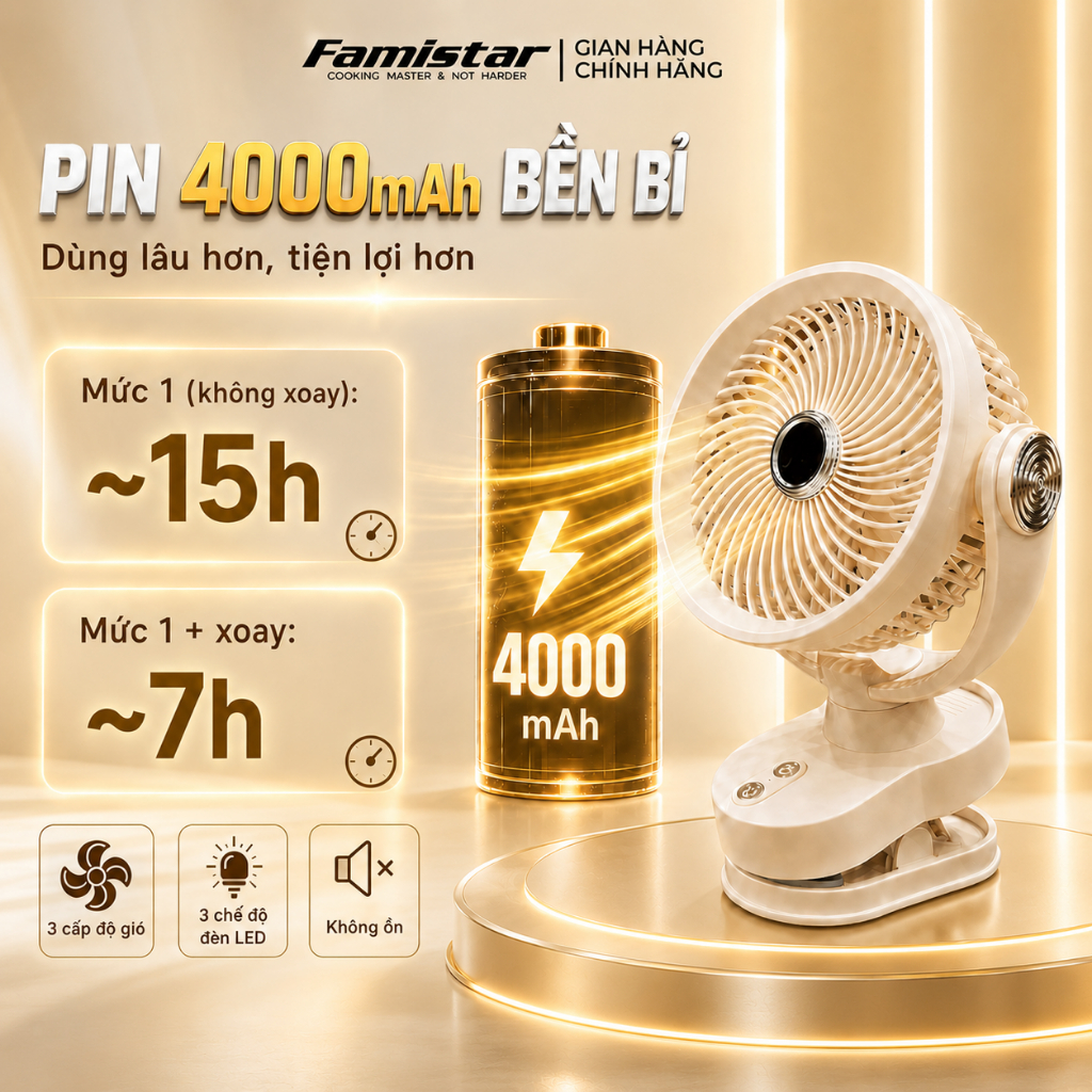 [BH 1 NĂM - CHỐNG ỒN] Quạt Tích Điện, quạt để bàn, quạt tích điện Mini, Xoay Tự Động, Đế Kẹp Bàn Xoay+Đèn+4 Cấp Độ Gió